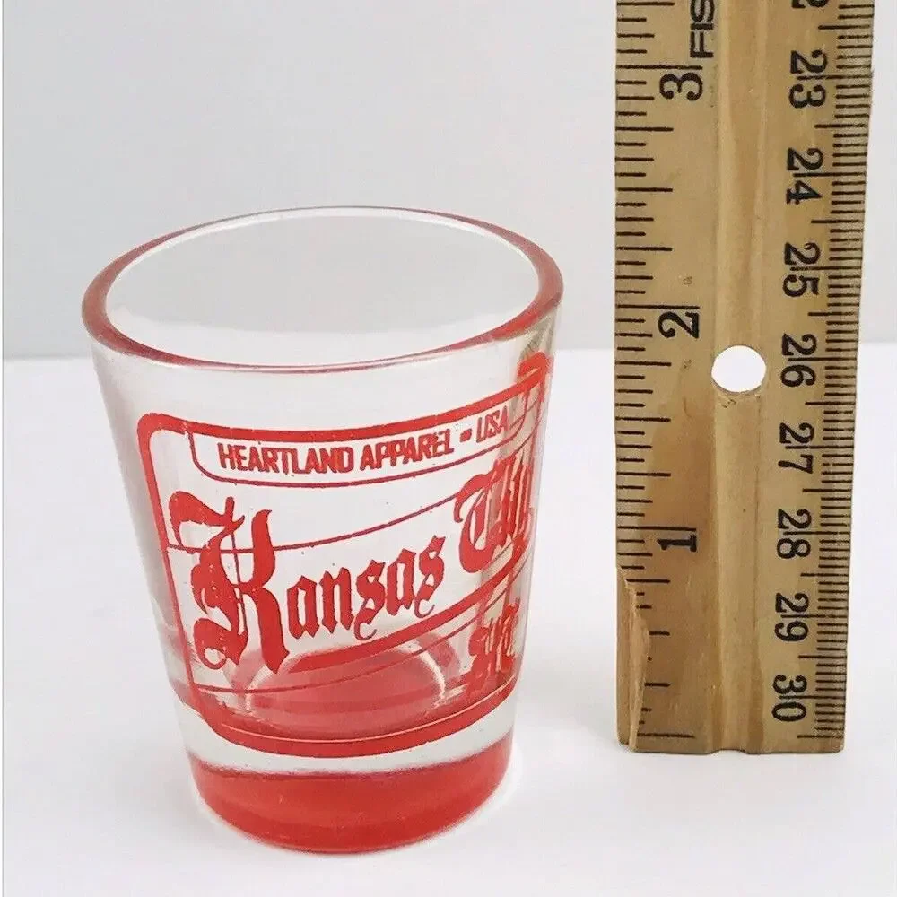Heartland Apparel Kansas City Shot Glass Whiskey Souvenir Red Bottom RARE